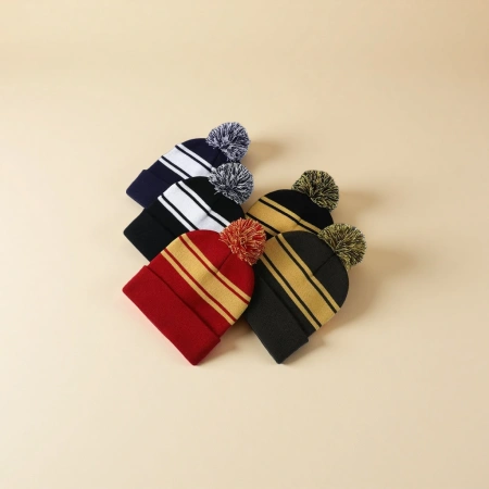 Colorful striped woolen hat with pom-poms decoration, warm knitted, suitable for both men and women in winter Colorful striped woolen hat with pom-poms decoration, warm knitted, suitable for both men and women in winter
